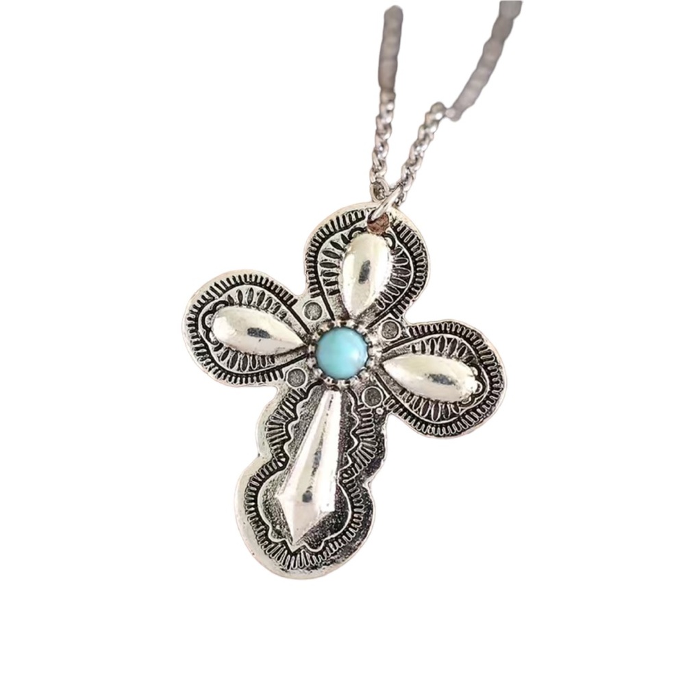 Silver and Turquoise Christian Cross Necklace